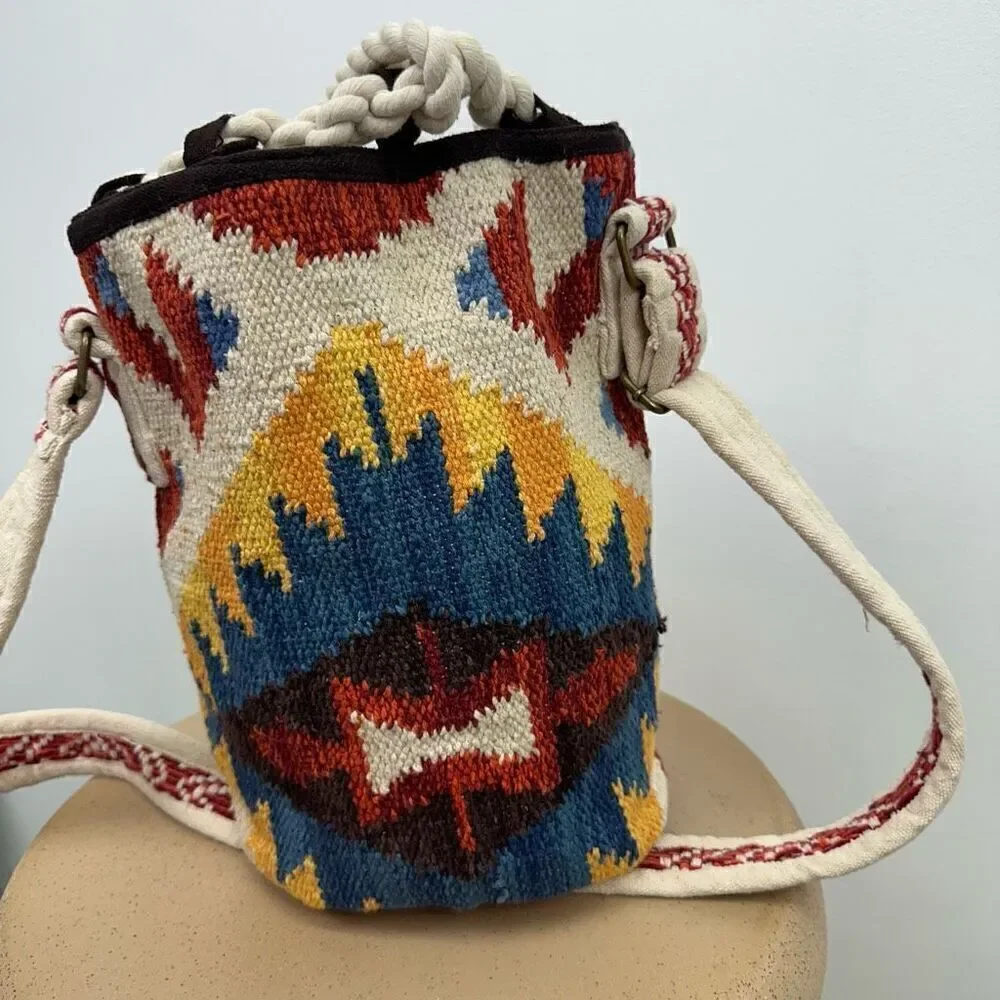 Ruggine Hand Woven Aztec Inspired Boho Bucket Bag With Shoulder Crossbody Strap